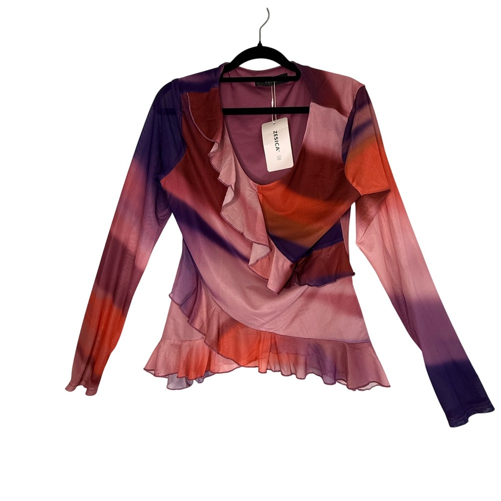 ZESICA Women's Large Abstract Mesh Ruffle Top Purple Pink Orange Y2K Fairycore
